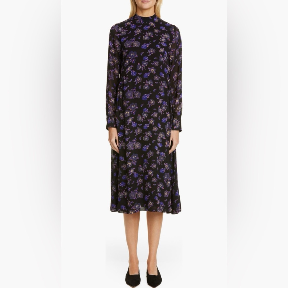 Ganni Floral Print Georgette Long Sleeve Midi Dress